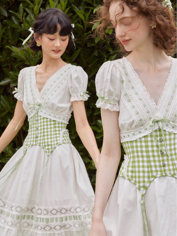Green Apple Paradise Cotton Dress & Plaid Fishbone Girdle Set – ÀMonBelAmour
